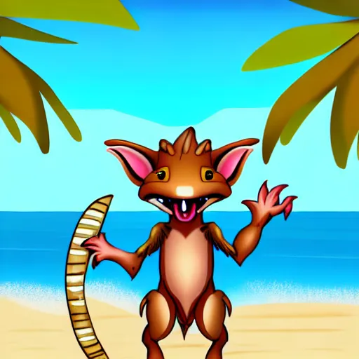 Prompt: Cute Kobold wearing caveman clothes at a beach, digital art