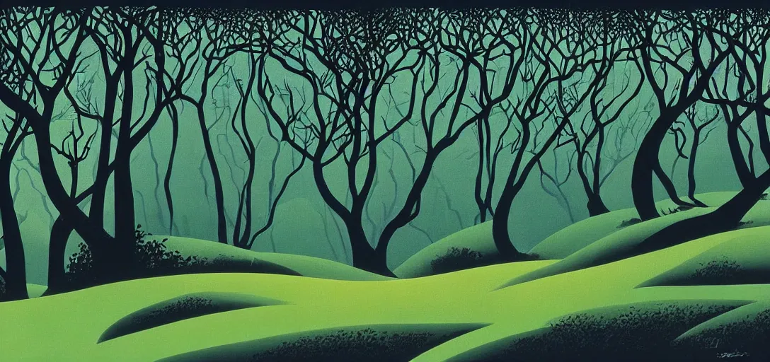 Image similar to a forested landscape by eyvind earle