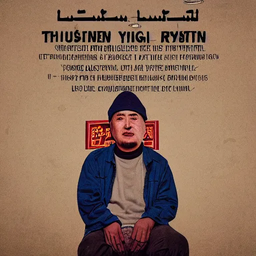 Image similar to a uyghur man in a prison, in the style of daniel johnston and outsider art, 4k, overlaid with chinese text