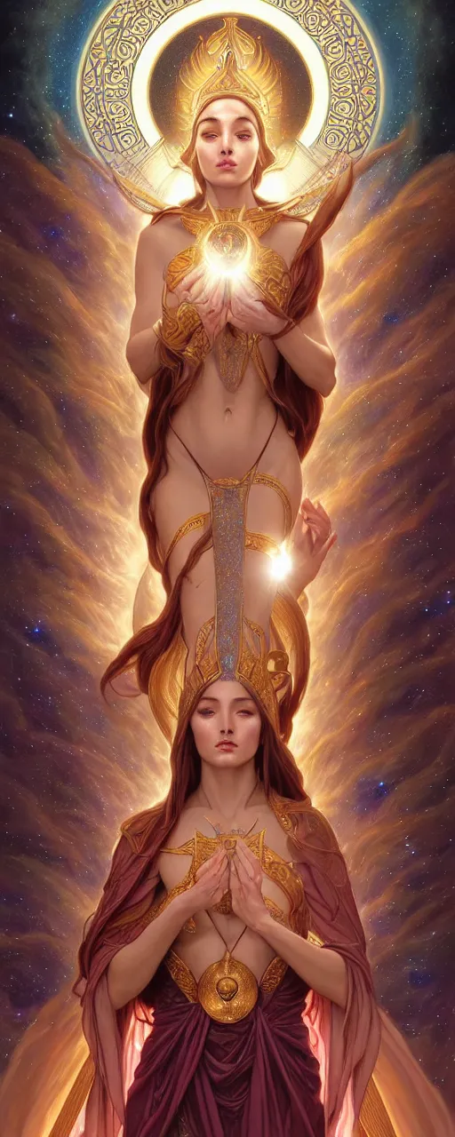 Image similar to perfectly detailed esoteric goddess of galaxies judgement tarot card!! blessed by the universe with ever - increasing physical mental perfection, symmetrical! intricate, sensual features, highly detailed, biblical divine holy perfection!! digital painting, artstation, concept art, smooth, sharp focus, illustration, art by artgerm and greg rutkowski and alphonse mucha