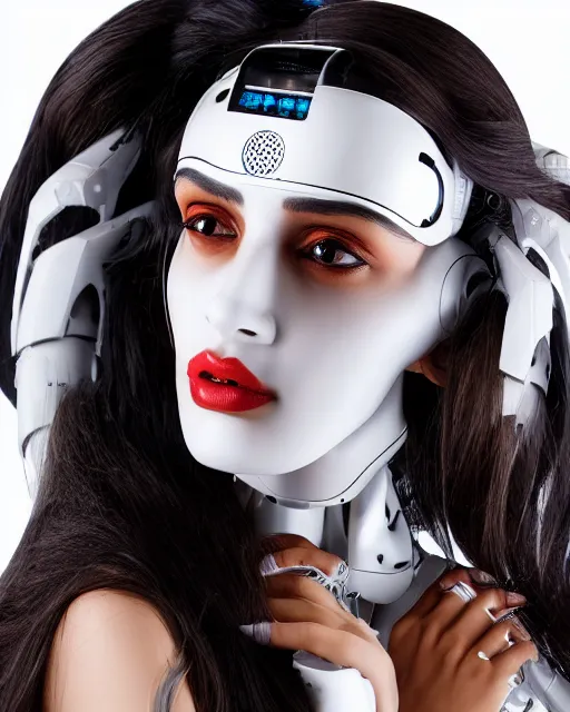 Image similar to 3 / 4 portrait photo of sensual indian girl as a cyberpunk mecha humanoid robotic head shoulder parts with straight bright led lights, inside white room, ultra - realistic and detailed, 8 k