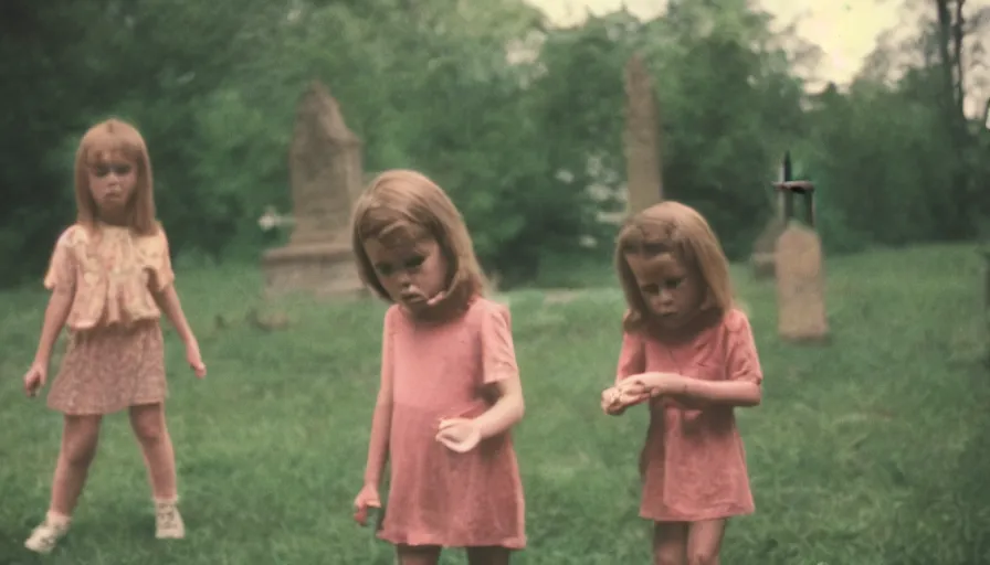 Image similar to 7 0 s film still from a horror movie of young children playing in a graveyard, kodachrome, cinecolor, cinestill, photorealism, cinematic, film grain, film texture, vhs recording