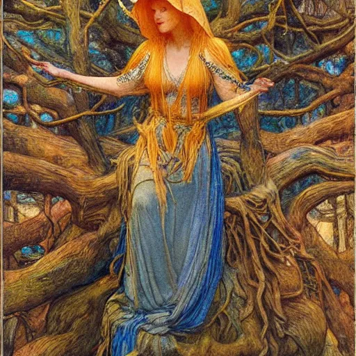 Image similar to the queen of the forest in a tree, by Annie Swynnerton and jean delville and Nicholas Roerich and Tino Rodriguez, elaborately costumed, rich color, dramatic cinematic lighting, extremely detailed