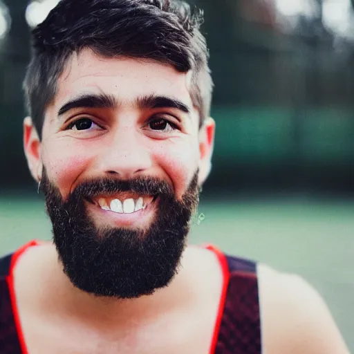 Prompt: realistic photoshoot for a new soccer player, bearded, short hair, brown eyes, maniacal smile, color film photography, portrait of a beautiful person, in style of Campbell Addy, 35mm