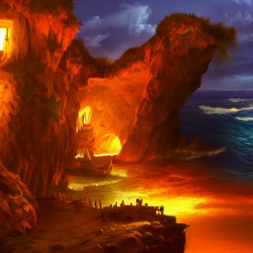 Prompt: photo of a spanish galleon in front of a jamaican shoreline cliff with a cave, atmospheric lighting, intricate, ultra detailed, well composed, best on artstation, cgsociety, epic, stunning, gorgeous, intricate detail, wow, masterpiece