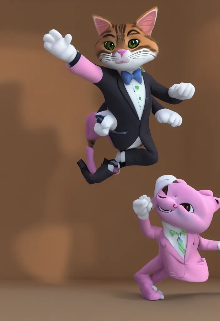 Image similar to 3d render , anthropomorphic male tabby cat,wearing a pink tux ,style of Zootopia, 8K HD Resolution, High quality image