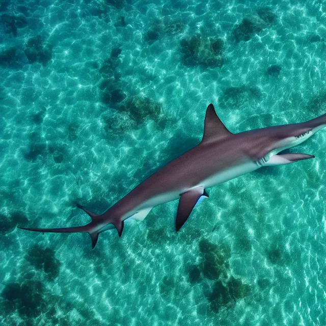 Prompt: looking down at thousands of hammerhead sharks, sharp focus, octane render