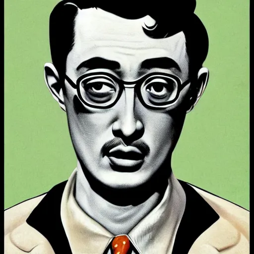 Image similar to A 1950s Colorized Style Poster of Filthy Frank, grainy, realistic, hyperrealistic, very realistic, very very realistic, highly detailed, very detailed, extremely detailed, detailed, digital art, trending on artstation, detailed face, very detailed face, very detailed face, realism, HD Quality, 8k resolution, intricate details, body and head in frame, drawing, inked drawing, poster drawing, neat drawing, 1950s, 50s, in the style of Frank Hampson, in the style of Frank Bellamy, in the style of Dave Gibbons, in the style of Don Lawrence, in the style of Wally Wood, Colorized, 1950s Poster