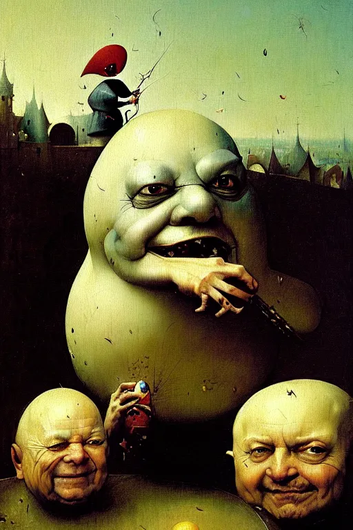 Prompt: hieronymus bosch greg rutkowski, oil painting of humpty dumpty, round head