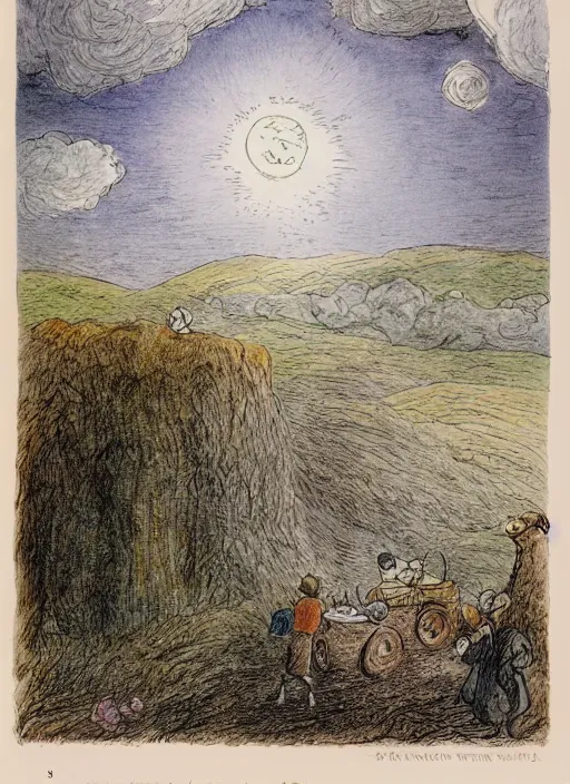 Image similar to transitioning from day to night, surrounded by light clouds, landscape, illustrated by peggy fortnum and beatrix potter and sir john tenniel