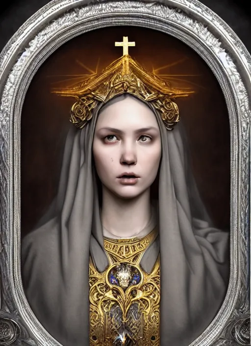 Image similar to hyperrealistic mixed media portrait of a beautiful female holy cleric, stunning 3d render inspired art by Mark Ryden + perfect facial symmetry + dim volumetric lighting, ornate silver gothic armor, swirling radiant energy, 8k octane beautifully detailed render, post-processing, extremely hyperdetailed, intricate, epic composition, grim yet sparkling atmosphere, cinematic lighting + masterpiece, trending on artstation, Art Nouveau