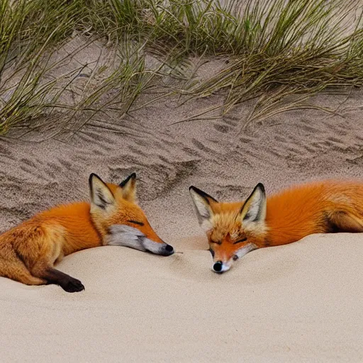 Image similar to foxes sleeping on a beach on a sunny day, sand and water, peaceful ambience