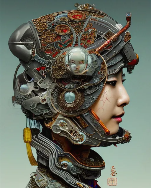 Image similar to portrait of a cyberpunk machine, machine face, upper half portrait, decorated with chinese opera motifs, asian, fine china, wuxia, traditional chinese art, intricate, elegant, highly detailed, symmetry, headpiece, digital painting, artstation concept art smooth sharp focus, illustration, art by artgerm and greg rutkowski alphonse mucha 8 k