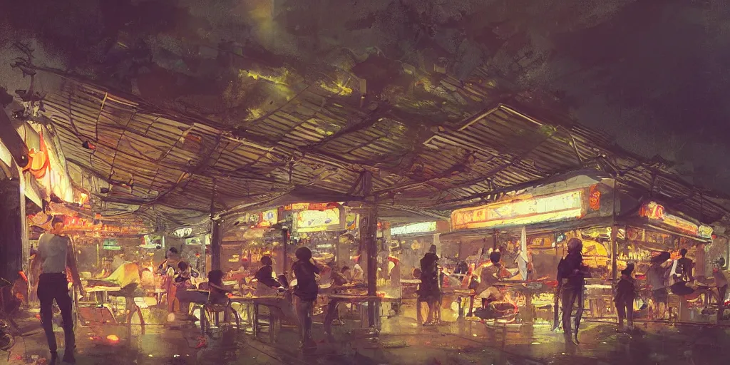 Prompt: a singaporean hawker centre at night, by greg rutkowski