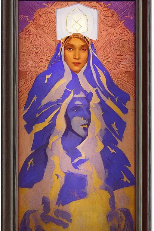 Image similar to queen of the north, by Nicholas Roerich and Annie Swynnerton and Diego Rivera and John William Godward, dramatic cinematic lighting , ornate headdress , flowing robes, sacred artifacts, lost civilizations, smooth, sharp focus, extremely detailed