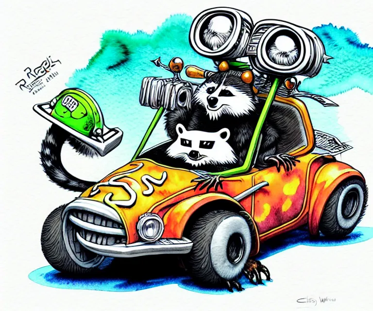 Prompt: cute and funny, racoon wearing a helmet riding in a tiny rob zombie dragula with oversized engine, ratfink style by ed roth, centered award winning watercolor pen illustration, isometric illustration by chihiro iwasaki, edited by range murata