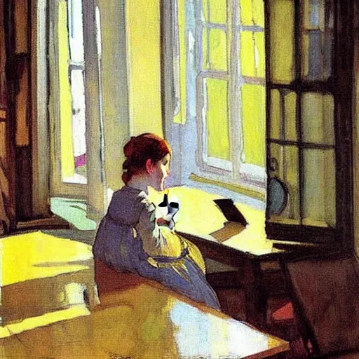 Image similar to a girl with iphones on a table sits at a table in a sunny room, the window is open, by valentin serov