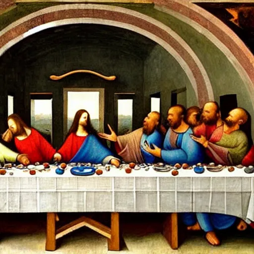 Prompt: a beautiful painting of the last supper with characters from the matrix, by Hieronymus Bosch