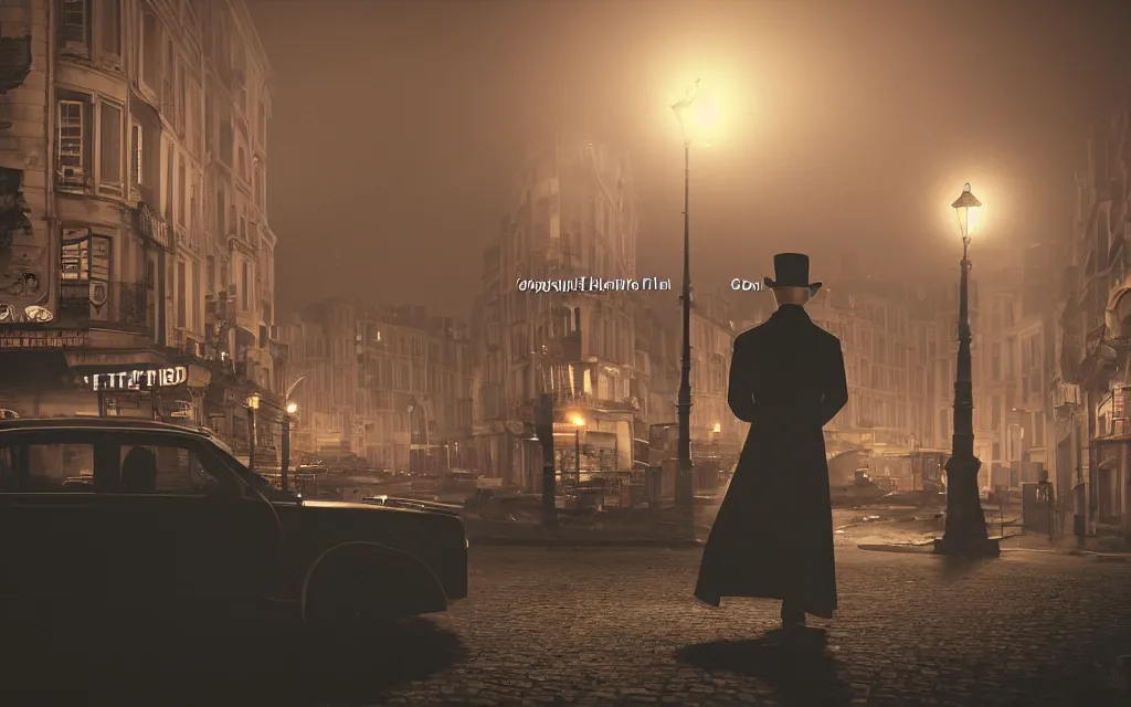 Image similar to One man in a trenchcoat armed with a ruby pistol in an early 20th century parisian street at night. Two cars are drifting around a lovecraftian creature with their lights on. A train station is visible in the background. 4k, dynamic, pulp, studio lighting, cinematic composition, vivid colors, low angle shot, (fish eye).