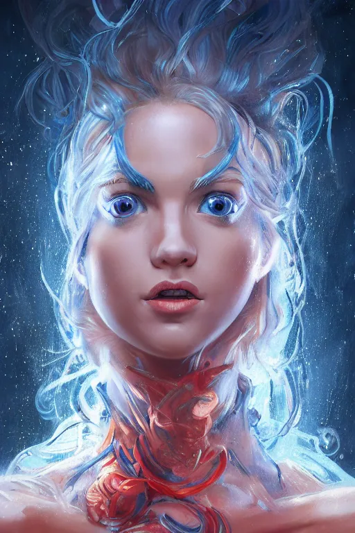 Image similar to an insanely detailed bust up portrait of a beautiful woman facing you, highly detailed features, sparkling blue eyes, long eyelashes, short electric blue hair, beautiful smile, red dress, in the style of peter mohrbacher, artgerm, dramatic lighting and composition, octane render, trending on artstation, concept art 8 k