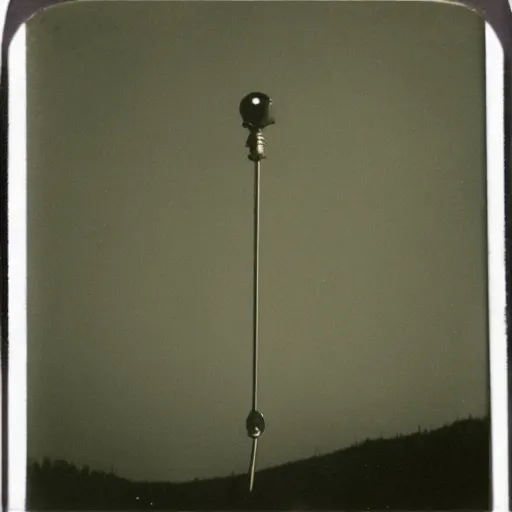 Image similar to old polaroid depicting an metallic alien probe, at a clearing