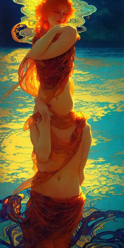 Image similar to transcendent mind bending indigo waves of glossy psychedelic liquid honey flowing like kaleidoscopic translucent amber, lsd waves, honey ripples, enlightenment, dramatic professional lighting, refracted sunset lighting, art by collier, albert aublet, krenz cushart, artem demura, alphonse mucha