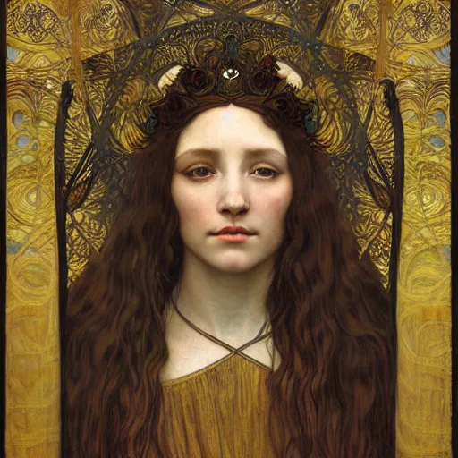 Prompt: detailed realistic beautiful young medieval queen face portrait by jean delville, alphonse mucha, vincent van gogh, and marco mazzoni, art nouveau, symbolist, visionary, gothic, pre - raphaelite