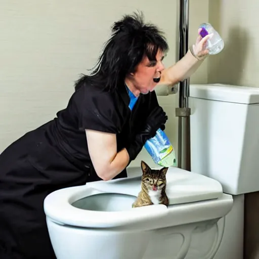 Image similar to photo of crazy cat woman at psych ward drinking water out of a toilet