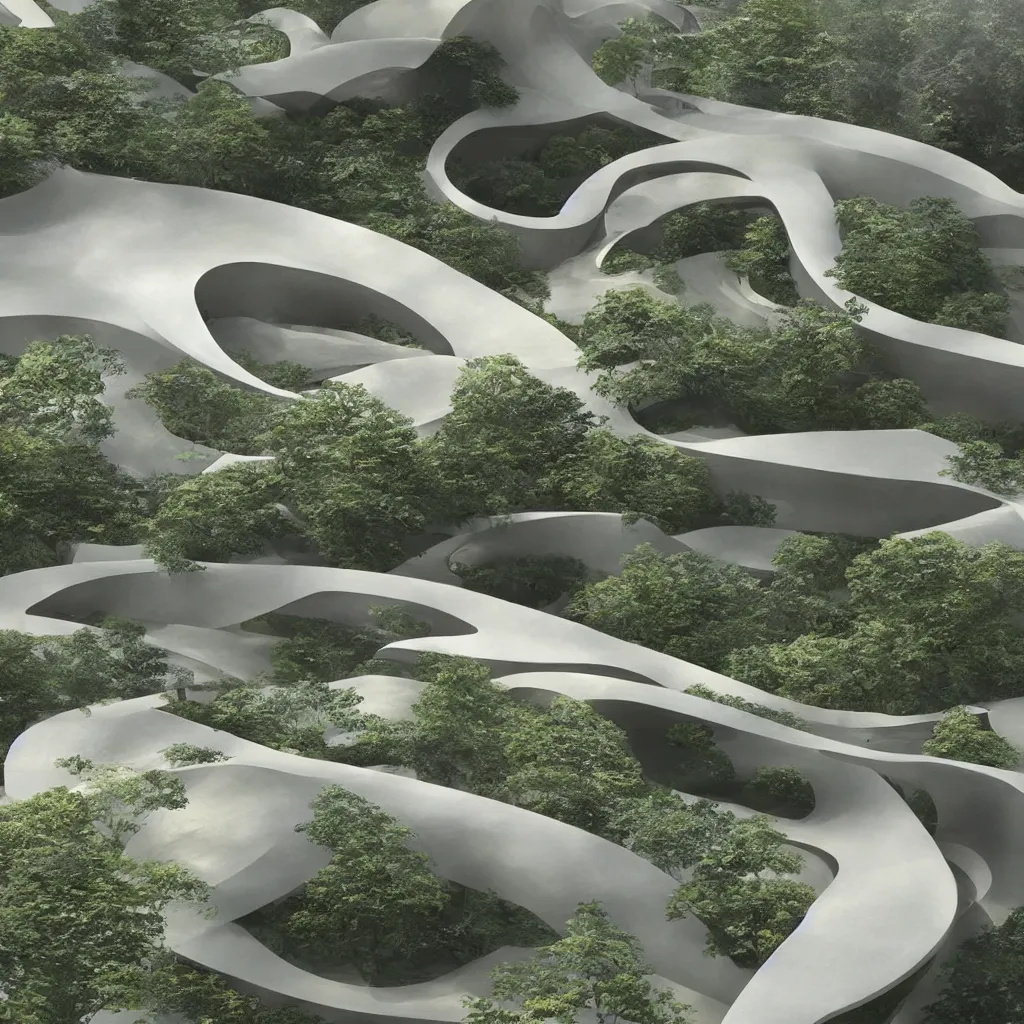 Image similar to “ an incredibly smooth curvilinear architectural sculpture, unfolding continuous golden surfaces enclose a visually interesting japanese zen garden designed by zaha hadid, architecture render ”