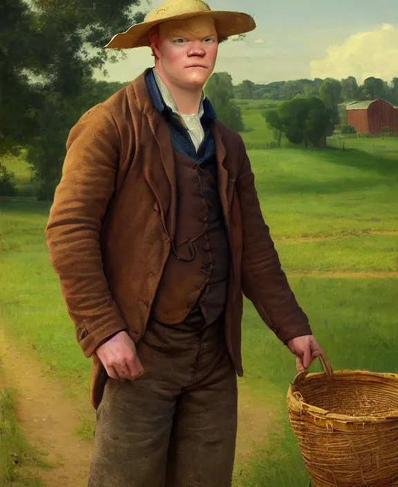 Image similar to portrait of jesse plemons as a farmer in louisiana, art by denys tsiperko and bogdan rezunenko and george caleb bingham, hyperrealism