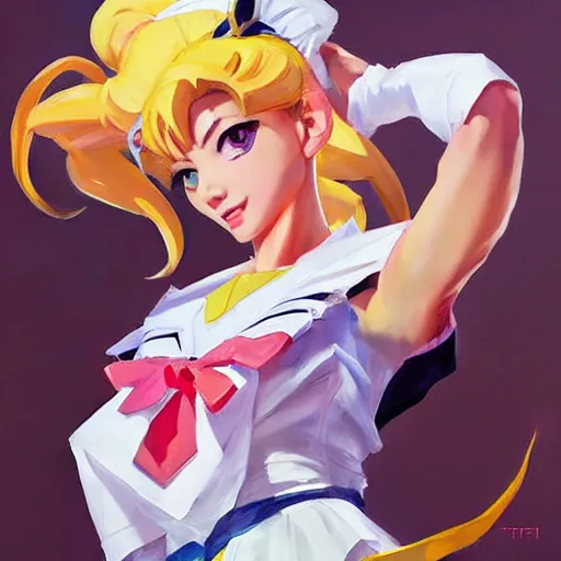 Image similar to greg manchess portrait painting of usagi sailor moon as overwatch character, medium shot, asymmetrical, profile picture, organic painting, sunny day, matte painting, bold shapes, hard edges, street art, trending on artstation, by huang guangjian and gil elvgren and sachin teng