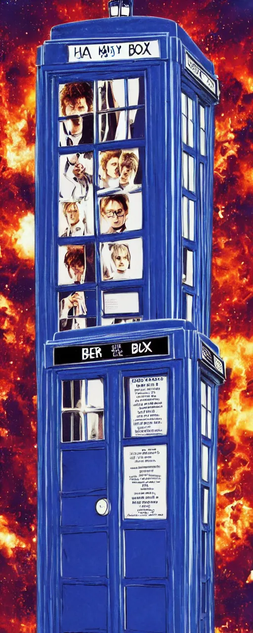 Image similar to a poster for a movie called humanity savers, showing harry potter and dr. who in front of tardis blue phone booth, vivid colors, high resolution, 8 x