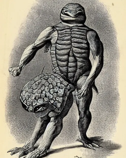 Prompt: A victorian naturalist\'s illustration of a ninja turtle, anatomical notes with labels, pen and ink