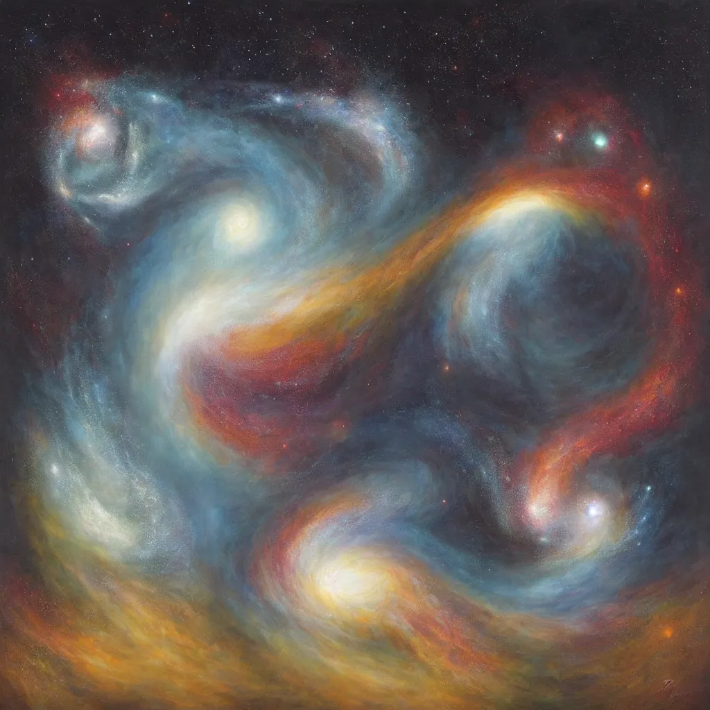 Prompt: a beautiful painting of two distant galaxies colliding by tomasz alen kopera