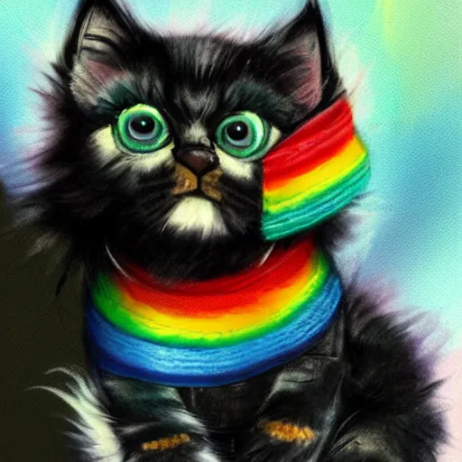 Prompt: wide angle full body, of a fluffy cute rainbow kitten wearing a black leather motorcycle jacket, concept art