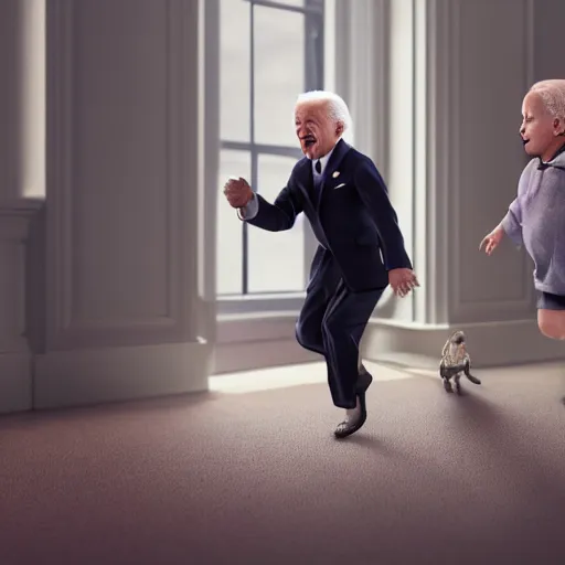 Image similar to joe biden chasing a child in the backrooms, hyper - realistic, 4 k, octane - render, realistic.