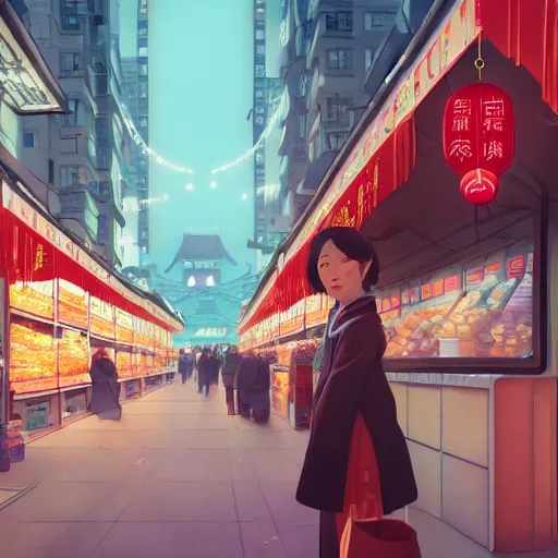 Prompt: a beautiful chinese woman in a down jacket with a grocery store in the background ambient lighting, 4 k, lois van baarle, ilya kuvshinov, rossdraws, alphonse mucha, jung gi kim, artstation