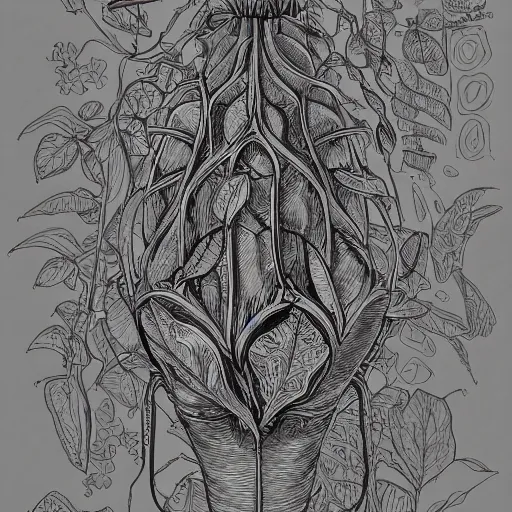 Image similar to annotated highly, detailed and intricate, sketch of a pod full of plants, marker concept art style rendering, concept art, half blueprint, trending on artstation, intricate details, center frame, annotations