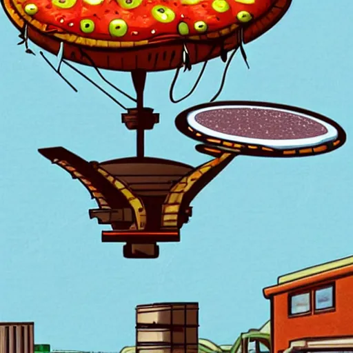 Prompt: a steampunk UFO abducting a pizza from a factory, sci-fi