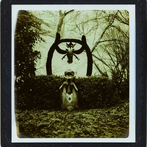 Prompt: polaroid of a goetic demon hidding in the bushes