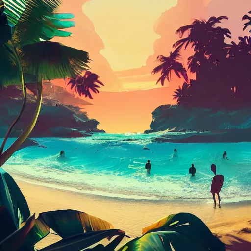 Image similar to a tropical beach at golden hour by james gilleard and liam wong and jeremy mann, extra wide angle