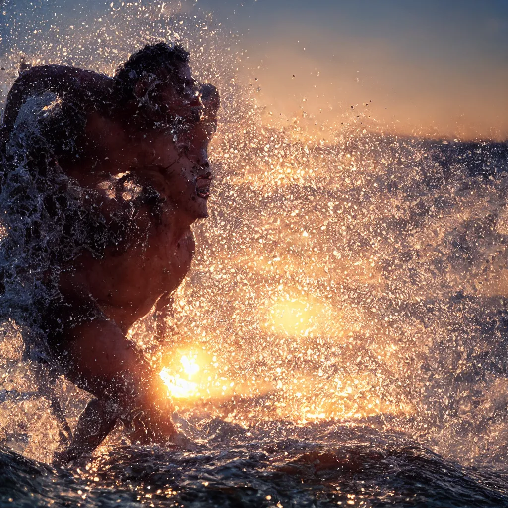 Prompt: a closeup photorealistic photograph of glistering sweaty skin face in the surf during sunset. professional capture, well lit shot. this 4 k hd image is trending on artstation, featured on behance, well - rendered, extra crisp, features intricate detail, epic composition and the style of unreal engine.