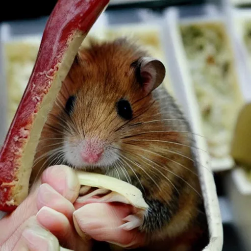 Prompt: a hamster in a butcher's suit with lots of hands. axes are in their hands. evil face