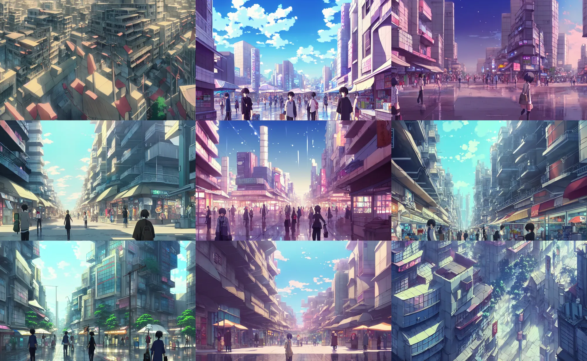 Prompt: an anime movie background matte painting of a modern city shopping district | | by makoto shinkai, trending on artstation, highly detailed