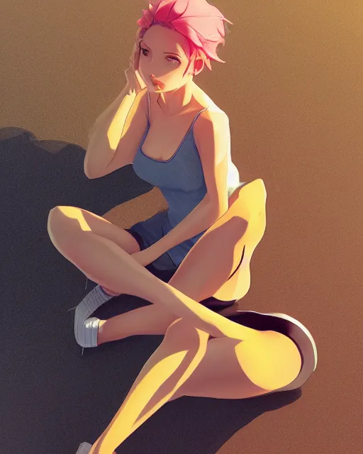 Prompt: a woman, short pink hair, yellow eyes, sitting crisscross, sexy outfit, top down perspective, medium shot, visible face, detailed, perfectly shaded body, perfectly shaded face, atmospheric lighting, by makoto shinkai, stanley artgerm lau, wlop, rossdraws