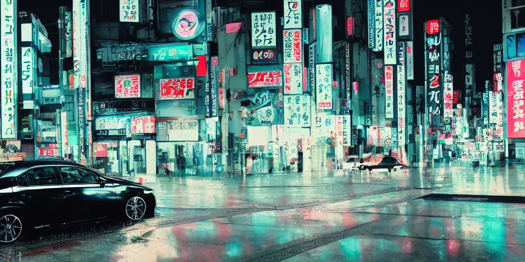 Image similar to tokyo vaporwave black lexus ct 2 0 0 h origami neon signs raining, hyper realisitic wet pavement