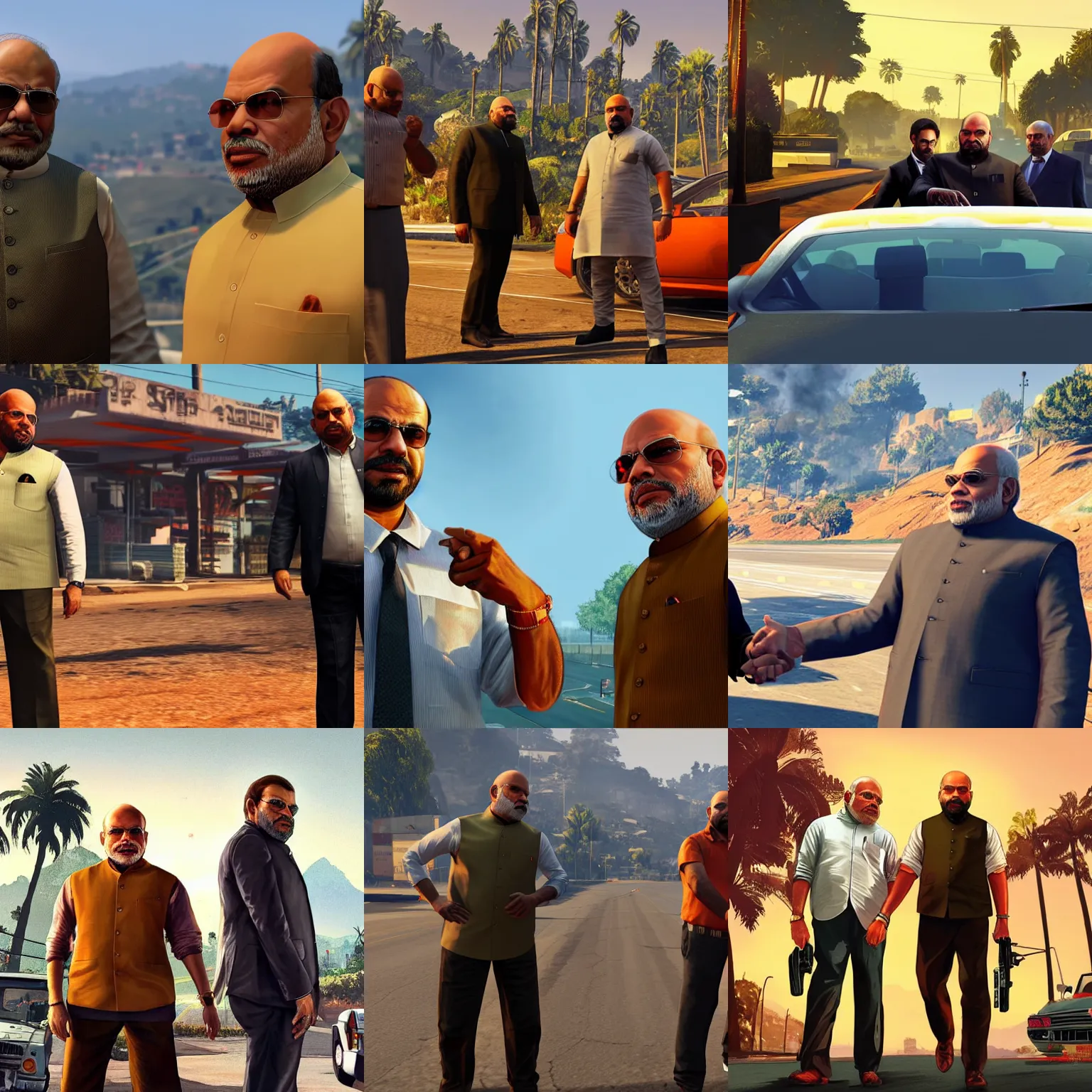 Prompt: Narendra Modi and Amit Shah in GTA 5, concept art by James Gurney and Greg Rutkowski and Jeffrey Smith, dramatic lighting, ultra HD, HDR, 8k