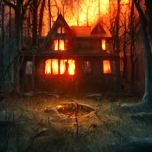 Prompt: burning haunted house in the woods warmth stylized artgerm artstation hd cgsociety cgi realistic dramatic cinematic artistic trending detailed