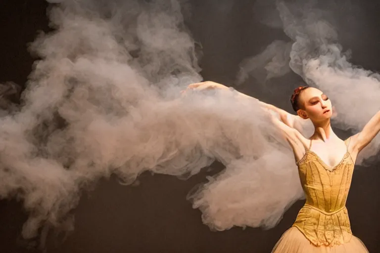 Image similar to playbill of prima ballerina, stage lighting, low angle, oriental scene, hyper realistic, smooth, focus, radiant, dramatic lighting, swirling smoke, low fog, golden hour, intricate, highly detailed, perfect face