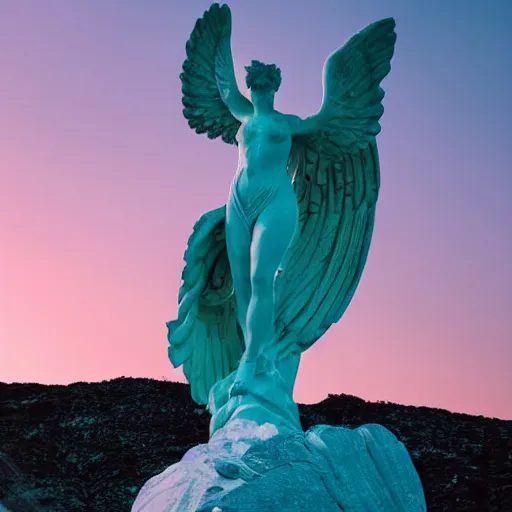 Prompt: venus, nike, the winged victory of samothrace statue made of turquoise crystal on a rock in the clouds dramatic low light volumetric lighting epic towering clouds central composition stylised